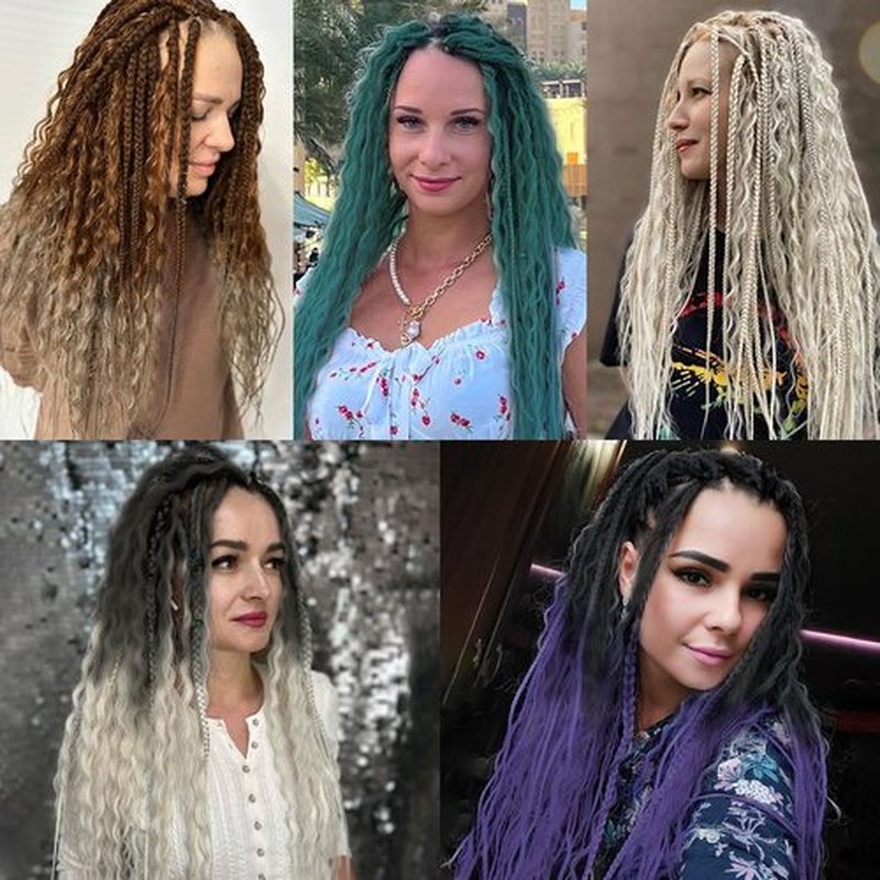 Lounoke 24 Inch Double Ended Dreadlock Extensions Sets, 20 Strands 3 In 1 Mixed Synthetic Dreads Extensions, Gray to White Straight&Curly&Boho Handmade Dreads Hippie Style Dreadlocks for Woman