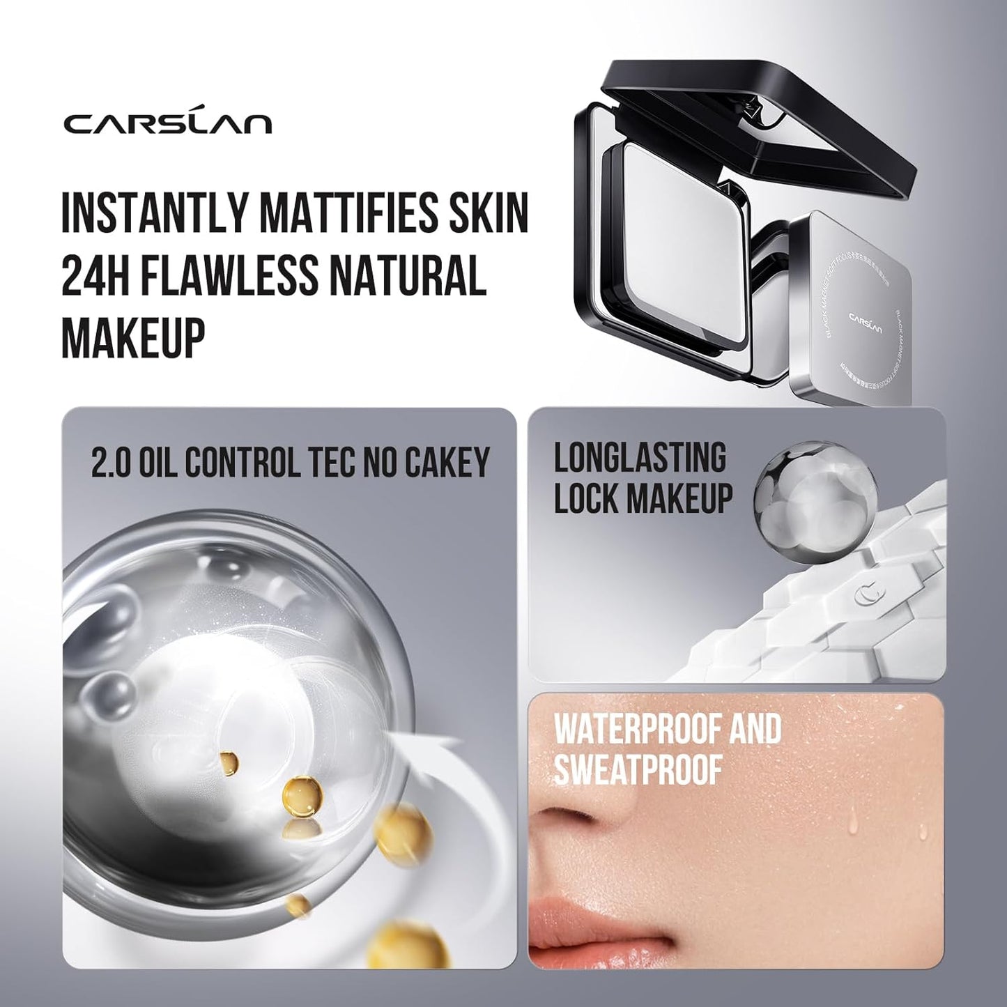 CARSLAN 2.0 Waterproof Translucent Setting Powder - Long-Lasting Oil Control Compact Makeup for Oily Skin, 0.28oz
