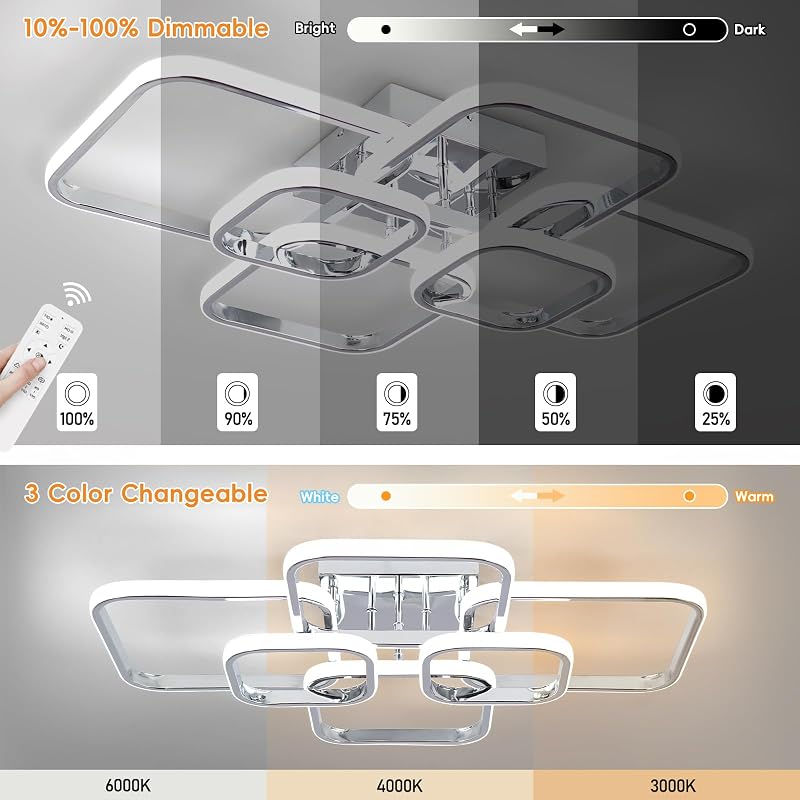 Sovinzert 31.5-Inch Modern LED Ceiling Light, 6-Square Dimmable with Remote, 3000K-6000K, Chrome Close-To-Ceiling Flush Mount, 60W - Chrome+6Rings