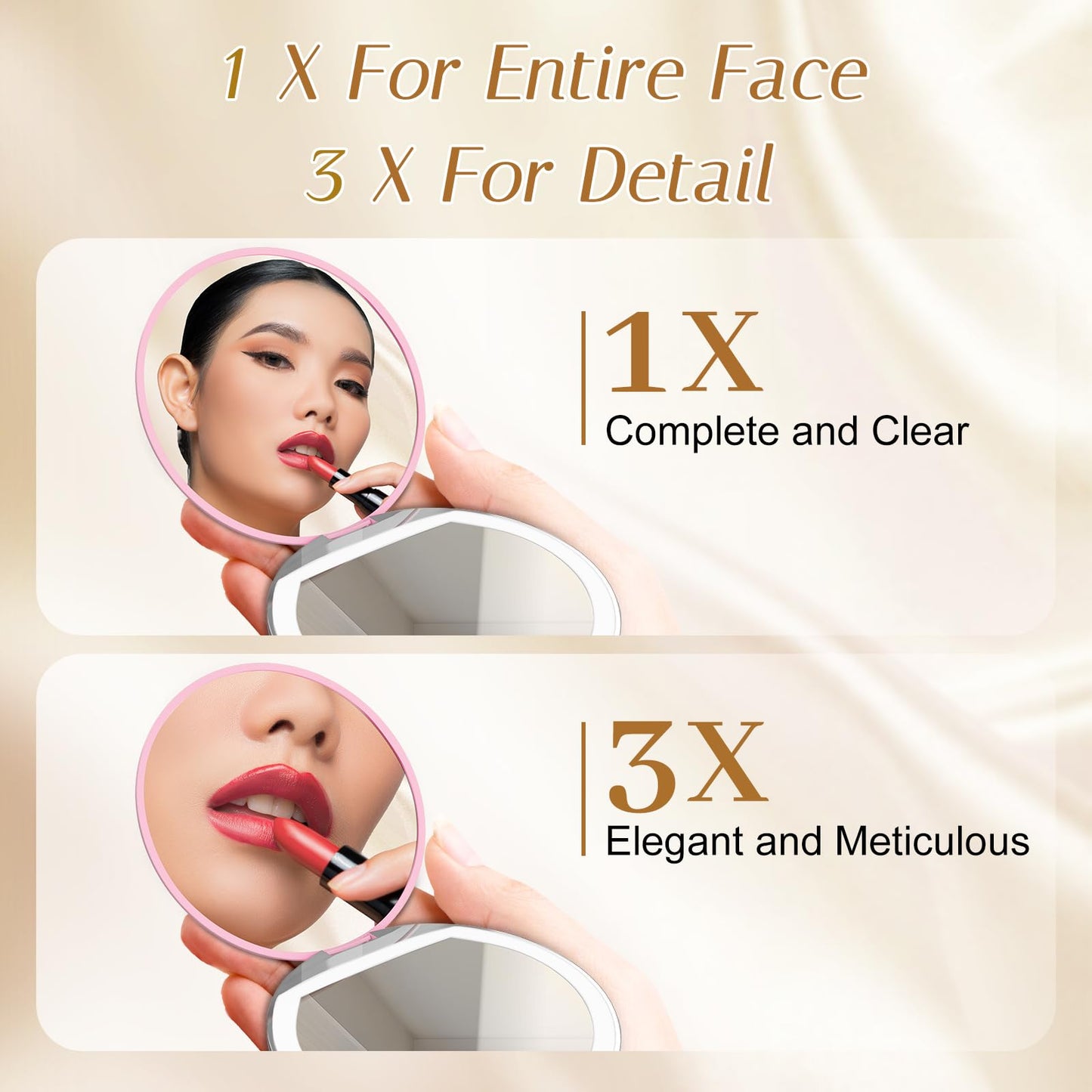 Kakuje Compact Mirror with Light, 1X/3X Magnification LED Pocket Mirror with USB Data Cable,Mini Mirror for Purse, Pocket,Travel and Present (Pink)