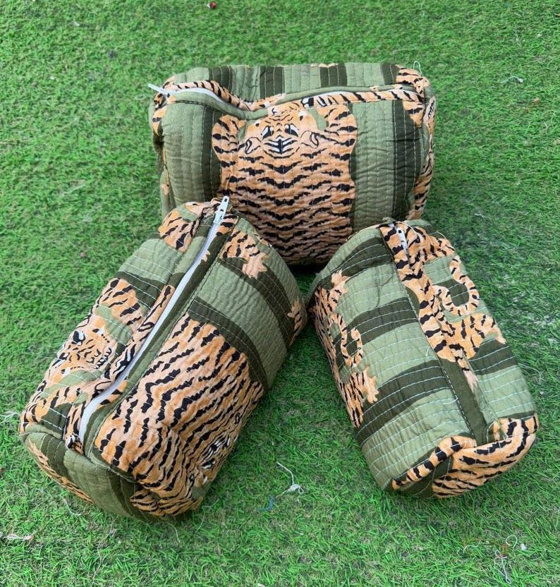 YILLE Quilted Toiletry Bags Set of 3 for Women - Dark Green Fat Tiger Travel Organizer