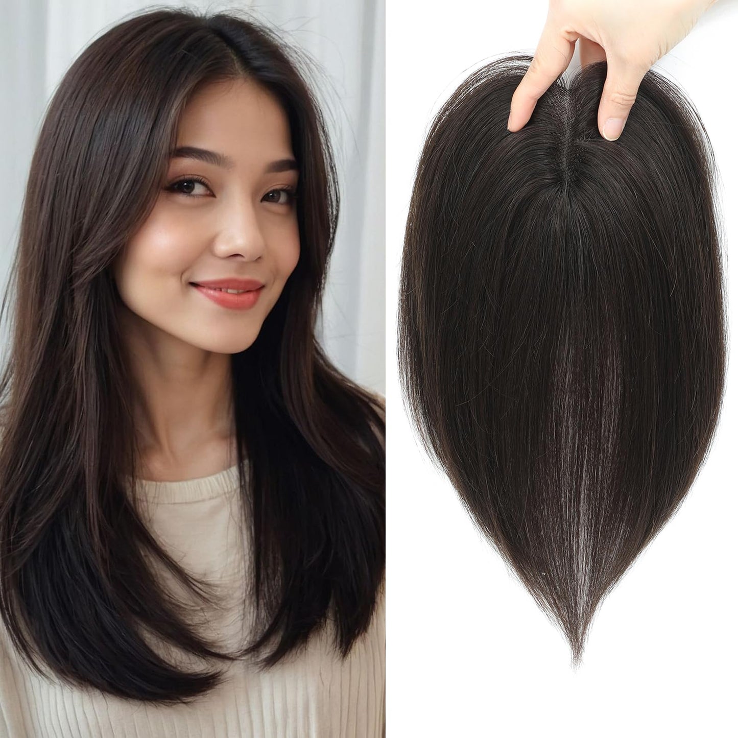 SEA SINGING Hair Toppers for Women Real Human Hair Upgrade Swiss Base Hand-Tied Invisible 10 Inch Toppers Hair Pieces for Women(2#)