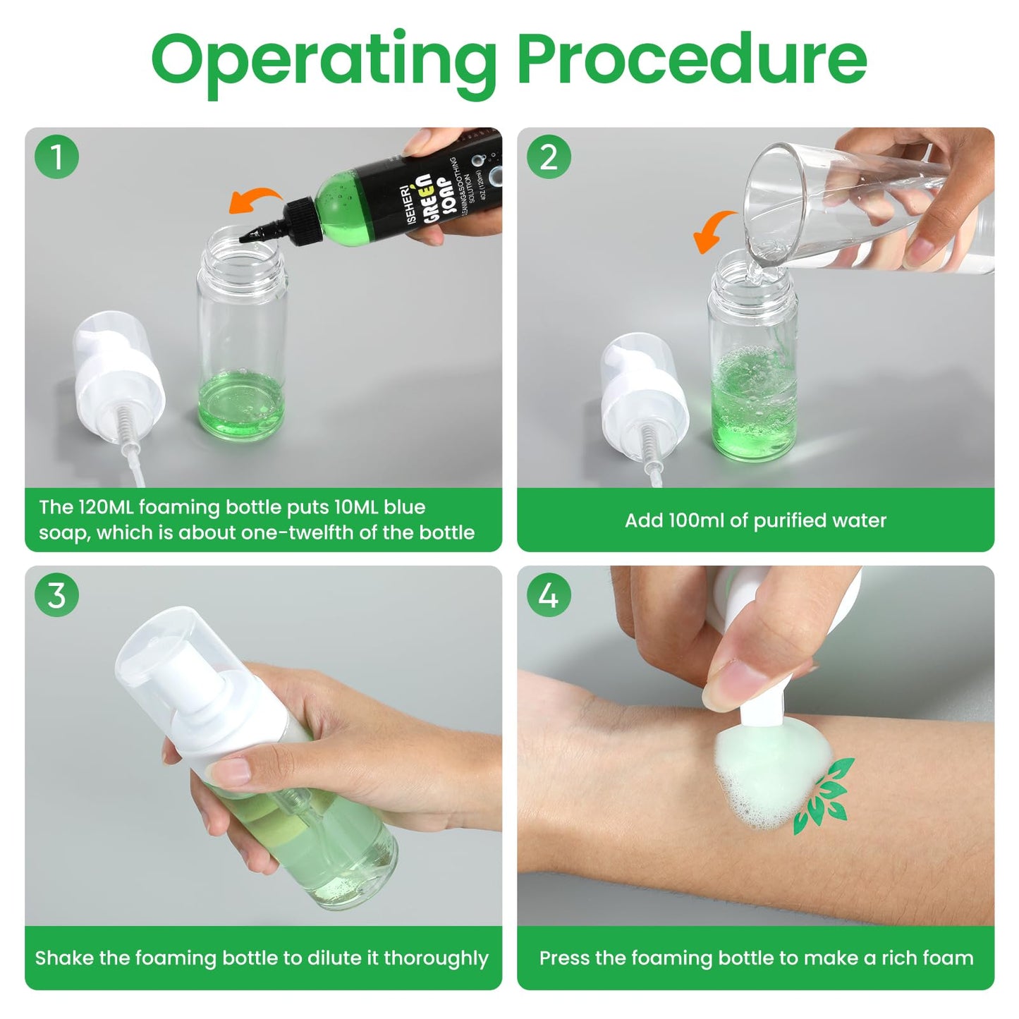 iseheri Ultra Concentrated Green Tattoo Soap 4OZ with Foaming Bottle 120ml, Tattoo Soap Tattoo Supplies for Tattoos Piercings, Clean Skin Equipment