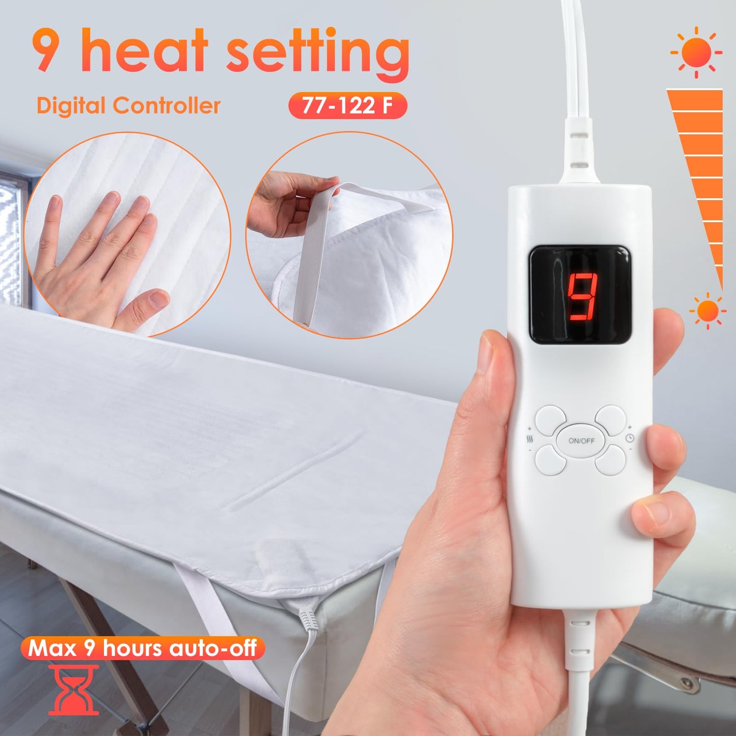 Massage Table Warmer Pads 9 Heat Settings Electric Heating Pad (72.8" x 30"), Digital Heat Control Pad, Heated Mattress Pad w/Overheat Protection for Massage Bed & Spa,White Bed Warmer