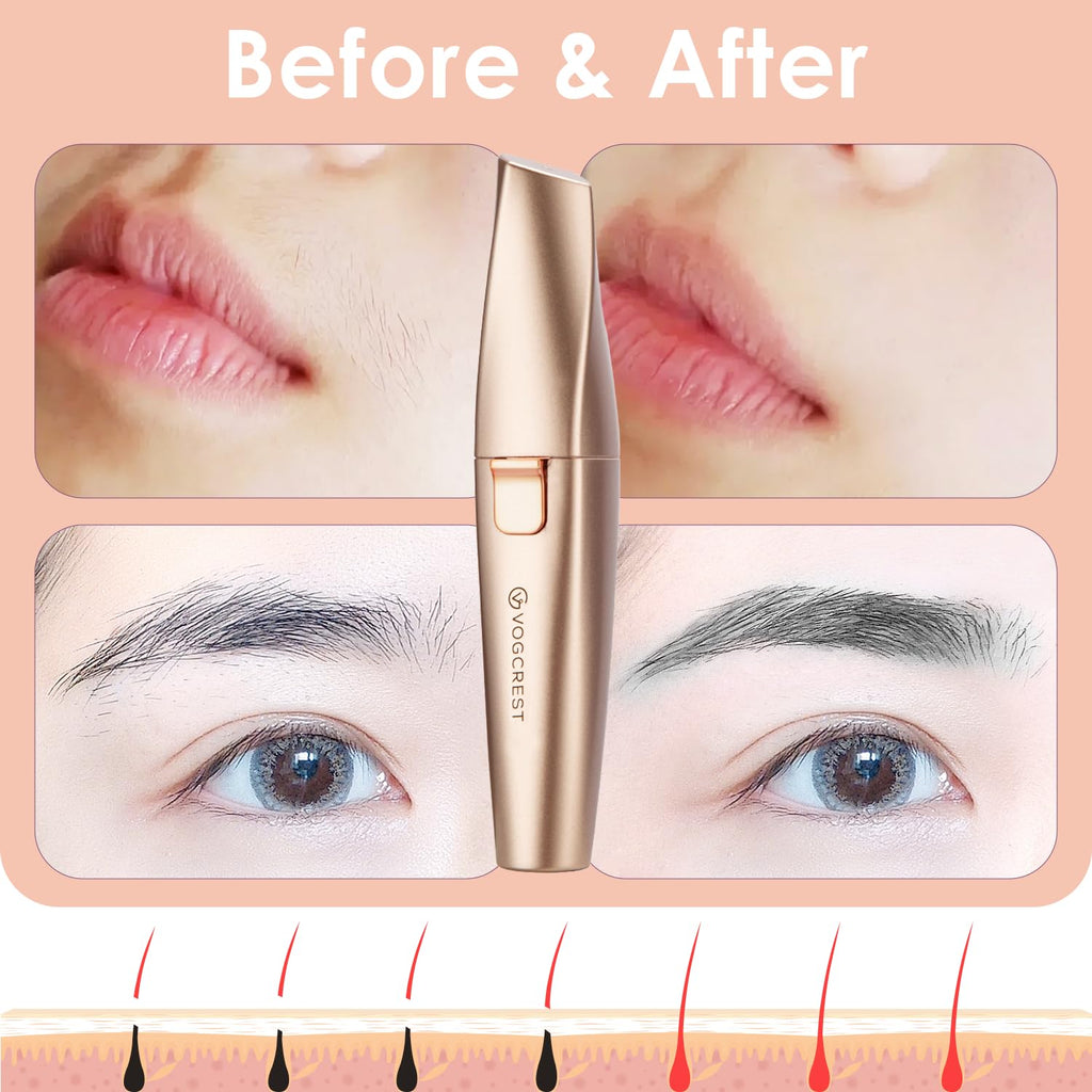 VG VOGCREST Eyebrow Facial Trimmer: 2 in1 Rechargeable Facial Hair Removal and Eyebrow Shaver - Face Lips Body Painless Facial Razor with Built-in LED Light (Rose Gold)
