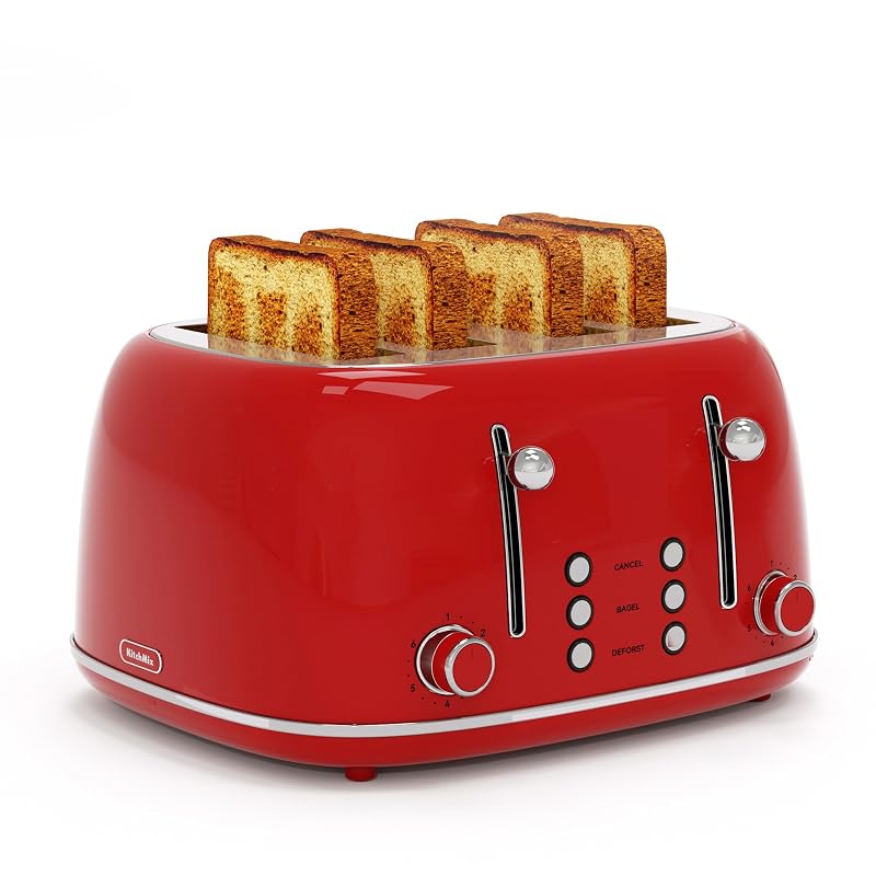 KITCHMIX 4-Slice Retro Toaster with 6 Shade Settings, 1.5" Wide Slots, Dual Controls, Red