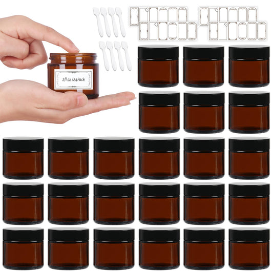 2oz Amber Glass Jars with Lids 24Pack- 2 oz Airtight Small Jars with Lids&Stickers for Cosmetics, Body Butter, Candle Making (2fl.oz-24Pack)
