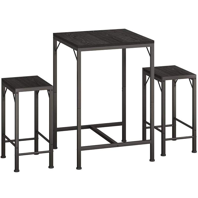 Homeiju Black Bar Table & 2 Stools Set – 23.6” Square, Space-Saving Pub Set