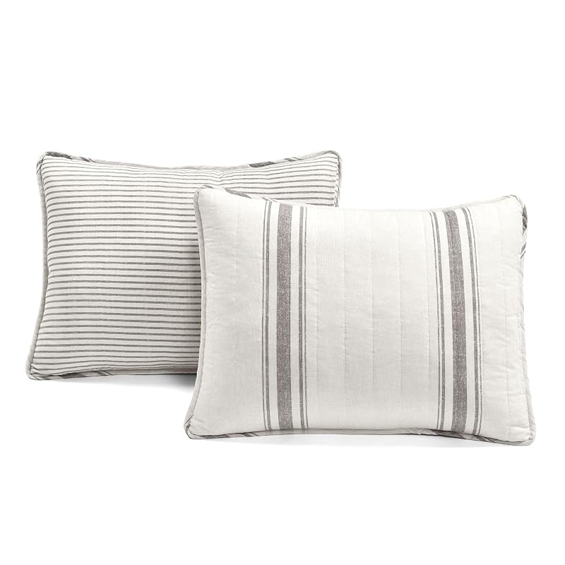 King Size Reversible Cotton Quilt Set - Farmhouse Gray Stripe 3 Piece (Gray + King)