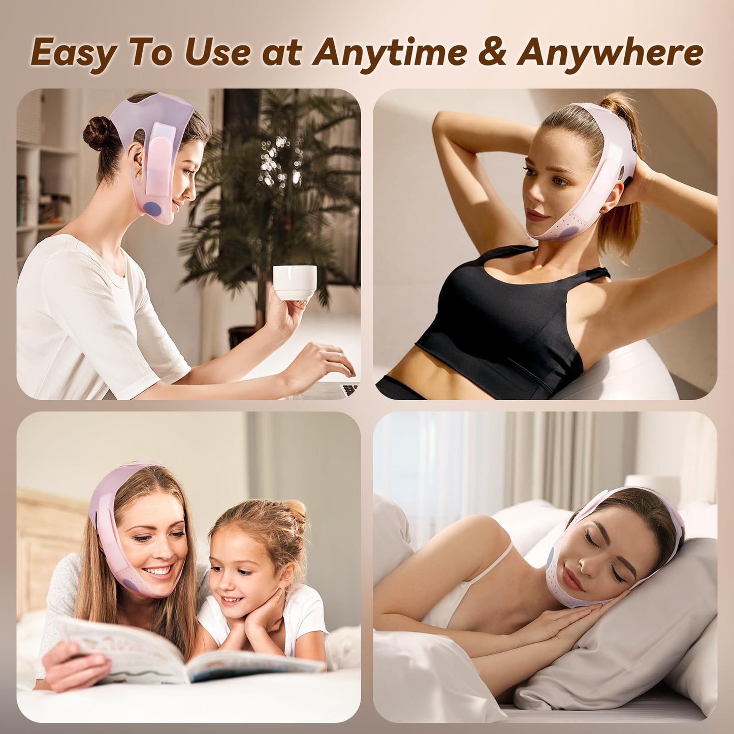 JUSRON V-Line Mask Chin Up Mask Face Strap, Soft Silicone Chin Strap V Shaped Face Mask 23-27 Inches (Pink)