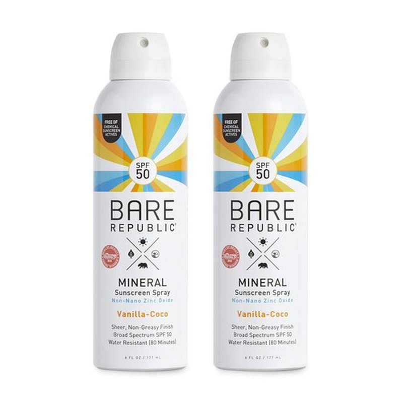 Bare Republic Mineral SPF 50 Sport Sunscreen Spray. Vanilla-Coco Sheer and Strong Water-Resistant Sunscreen Spray with SPF 50 (12 Ounces) 2 Pack.