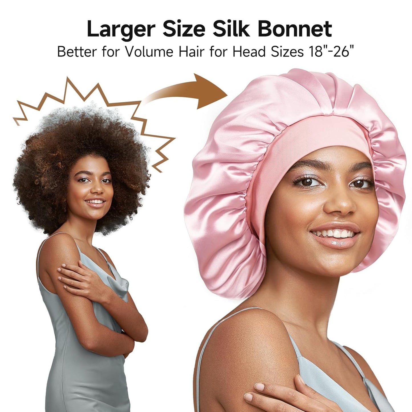 22 Momme Mulberry Silk Bonnet for Women - Double-Sided Non-Slip Sleep Cap for Long Curly Hair, Adjustable Band, Ebony