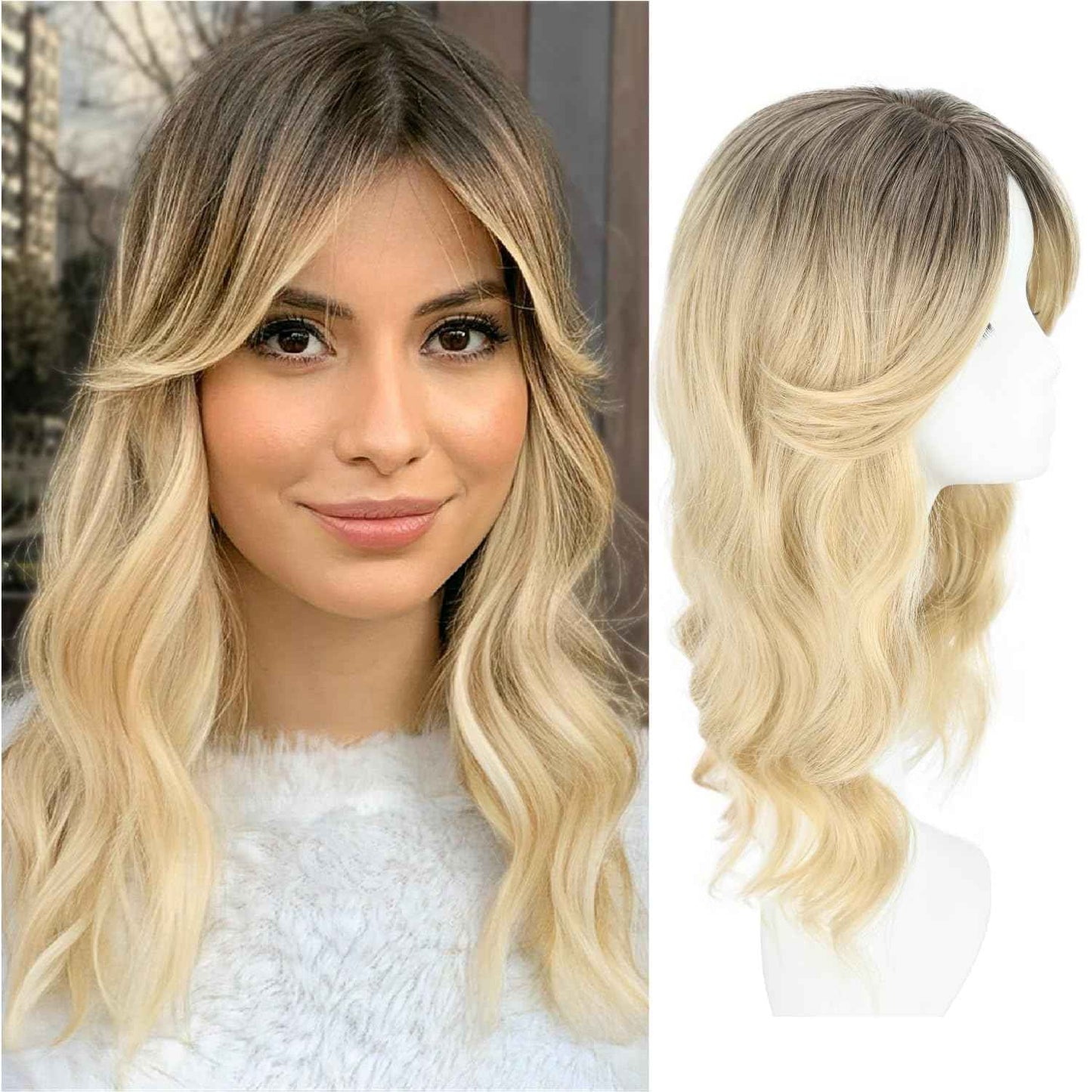 UAmy hair Toppers For Women with Thinning Hair 20inch Long Wavy Curly Hair Topper with Curtain Bangs 6.5 * 6.5inch Synthetic Wiglets HairTop Hairpieces(Champagne Mix Ash Blonde with Dark Roots)