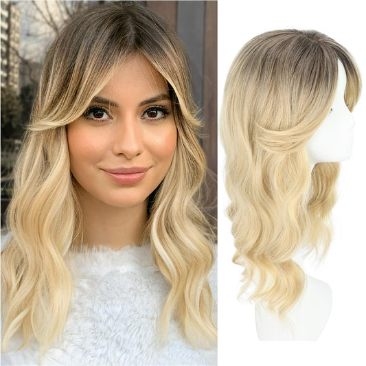 UAmy hair Toppers For Women with Thinning Hair 20inch Long Wavy Curly Hair Topper with Curtain Bangs 6.5 * 6.5inch Synthetic Wiglets HairTop Hairpieces(Champagne Mix Ash Blonde with Dark Roots)