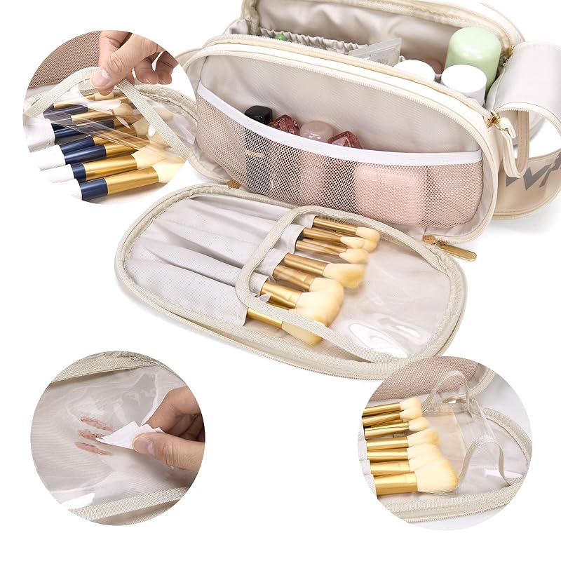 Wrangler Large Makeup Bag - Beige Travel Toiletry Organizer, 11x6.5x6
