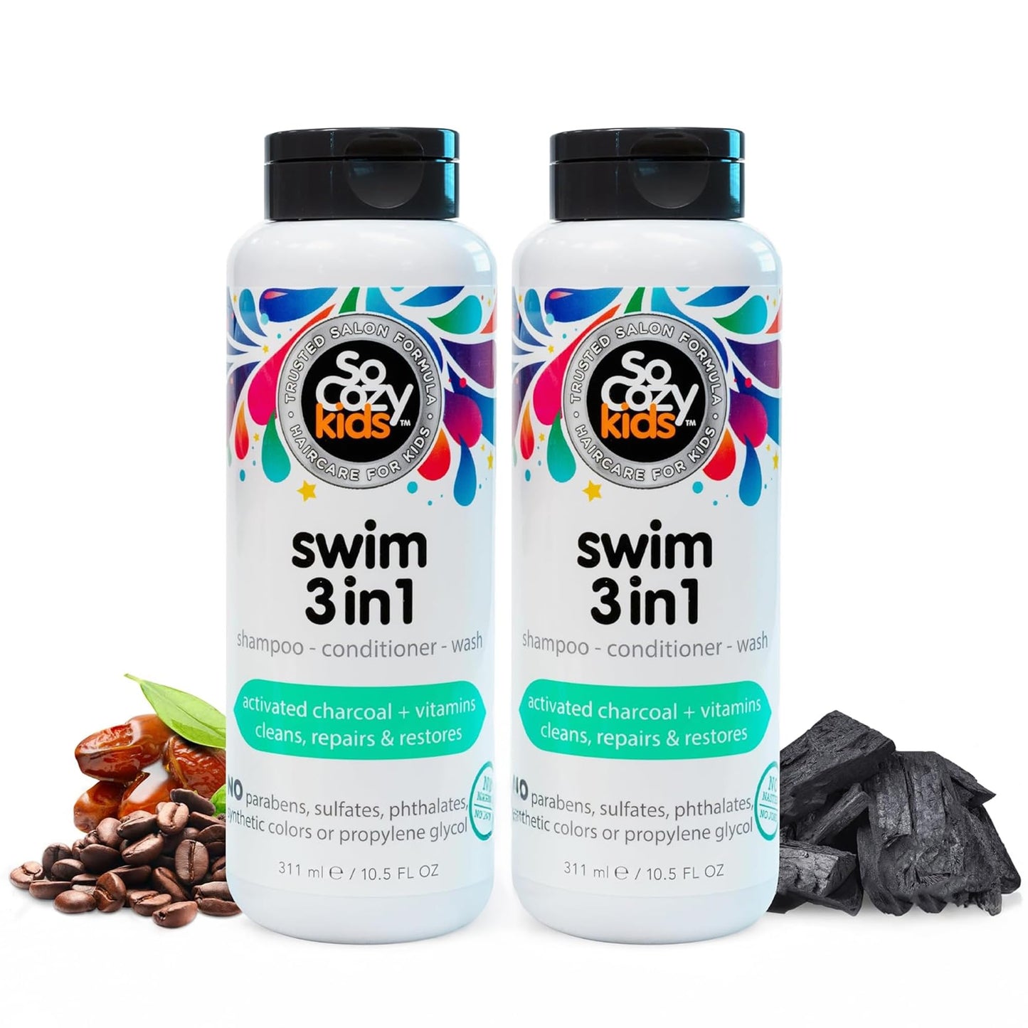 SoCozy Kids Swim 3-in-1 Shampoo + Conditioner + Body Wash (10.5 Fl Oz, Pack of 2) Gentle Combo Hair & Body Cleanser for Swimmers, Salt & Chlorine-Removing Activated Charcoal, Paraben & Sulfate-Free