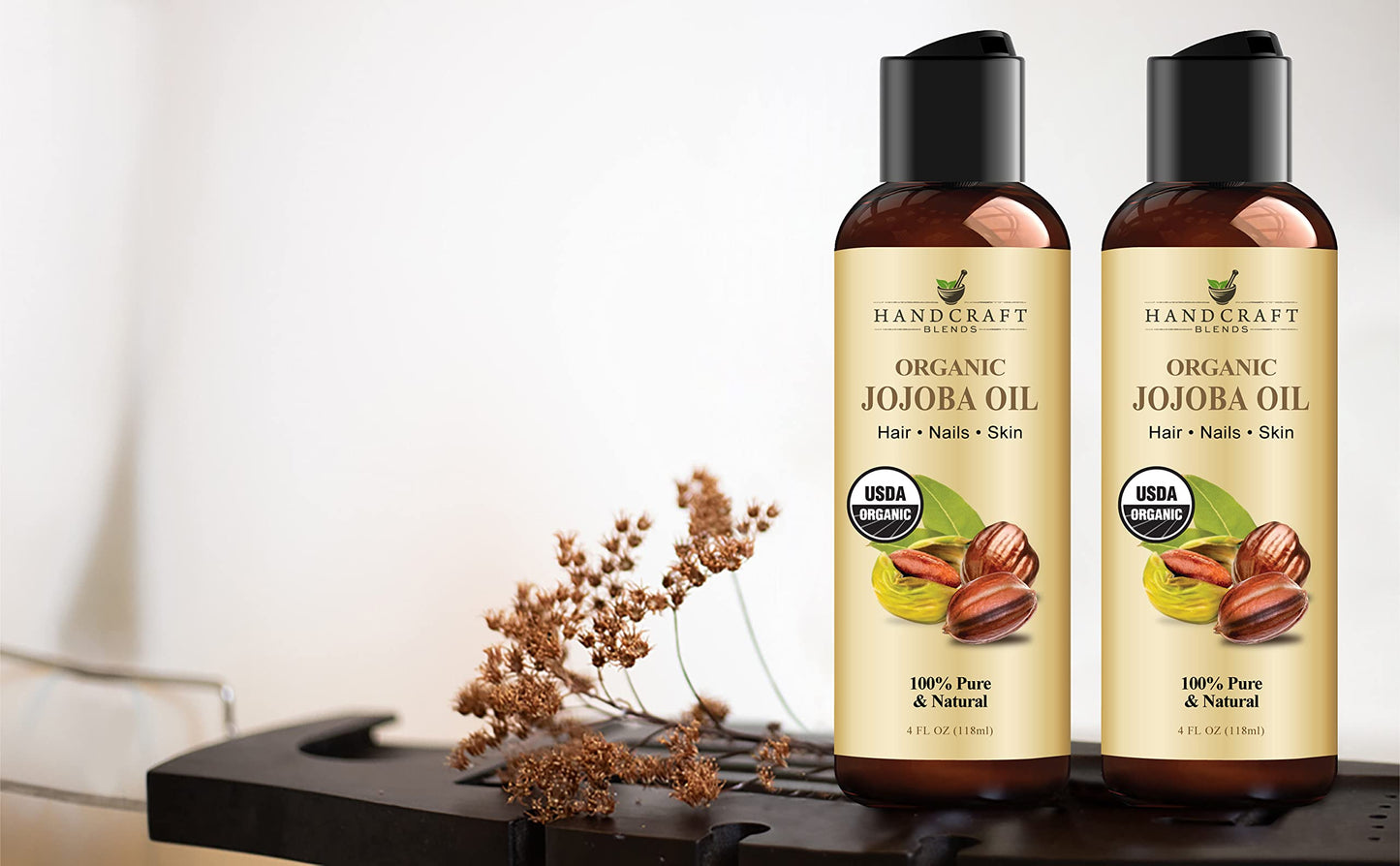 Handcraft Blends USDA Organic Jojoba Oil - Cold-Pressed 4 Fl Oz - 100% Pure and Natural - Premium Grade Carrier Oil for Skin and Hair - Hair and Body - Massage - Hexane-Free
