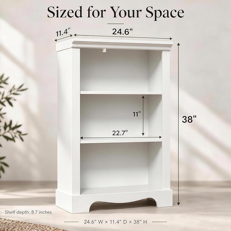 3-Tier Bookshelf, Small White Bookcase — 11.4"D x 24.6"W x 38"H — Variation: White+3-tier