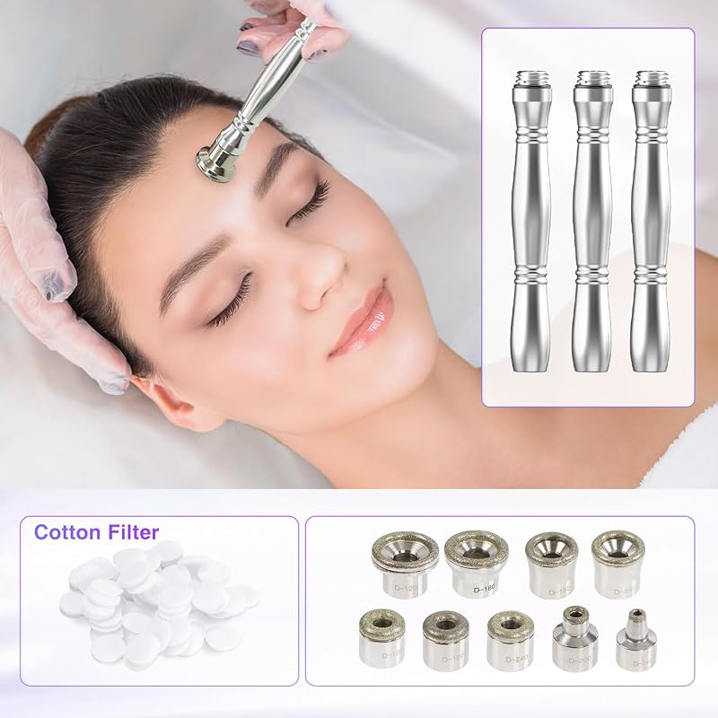 Diamond Microdermabrasion Replacement Tips Kit – 9 Diamond Tips, 3 Wands, 50 Cotton Filters (US) – Variation: 9 Tips & 250 Filters
