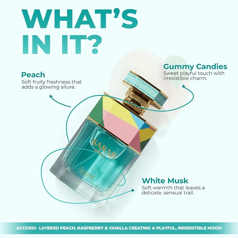 Sarab Sheer Peach Vanilla Perfume for Women - Top Note Peach & Raspberry, Gummy Candy Heart, White Musk & Vanilla 3.4oz