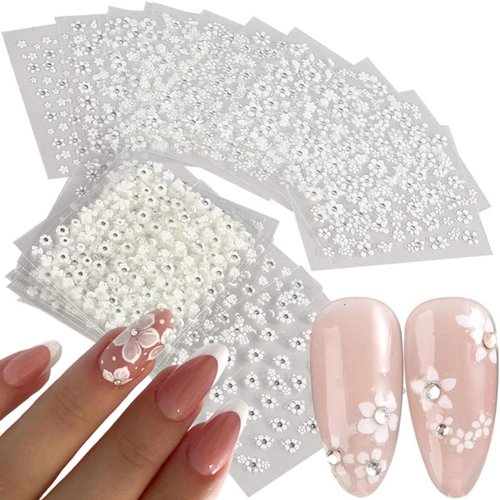 30 Sheets White Rhinestones Flower Nail Art Stickers, 3D Self Adhesive Flower Nail Sticker Design Holographic Small Floral with Rhinestones Nail Art Decals Nail Supplies for Women Nail Decoration