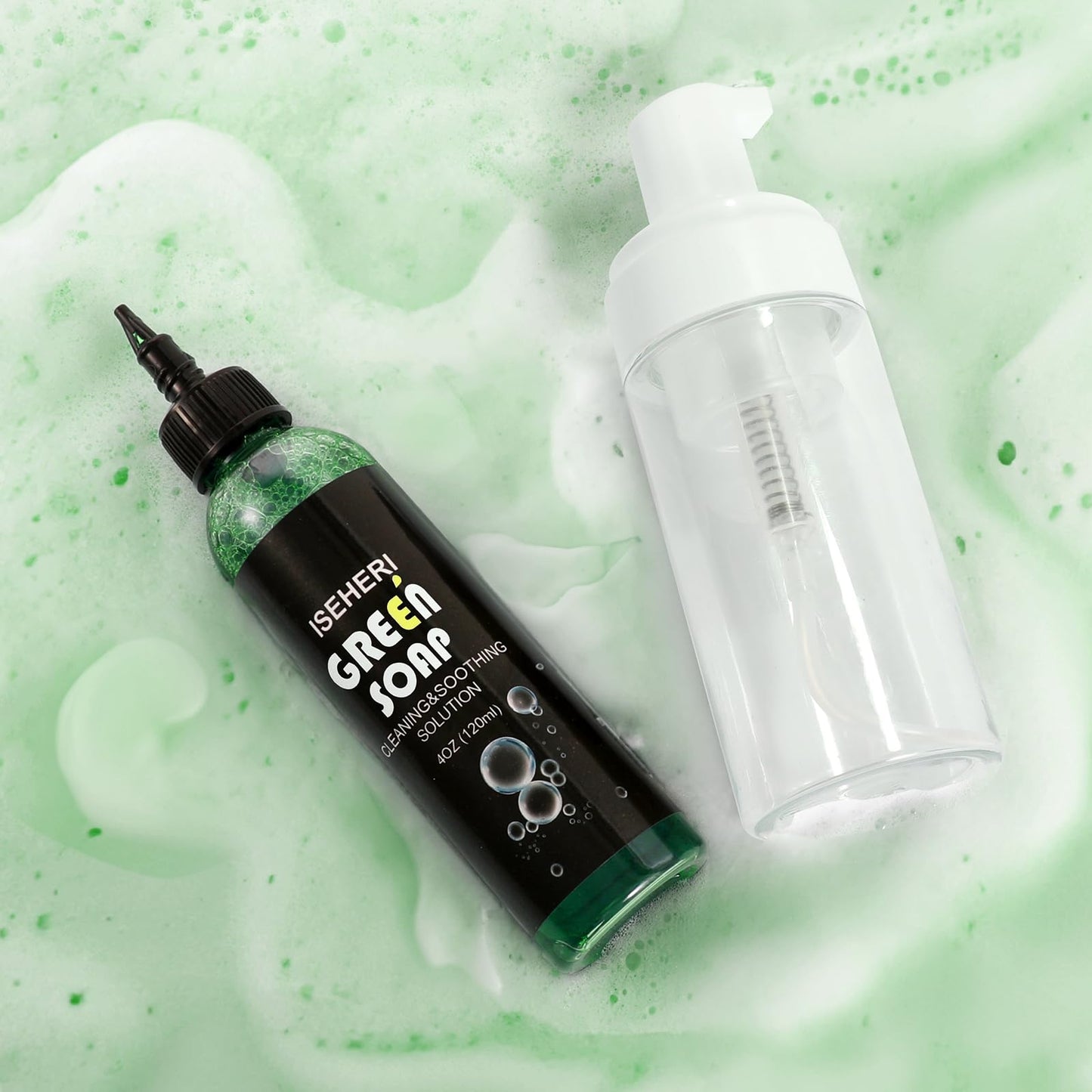 iseheri Ultra Concentrated Green Tattoo Soap 4OZ with Foaming Bottle 120ml, Tattoo Soap Tattoo Supplies for Tattoos Piercings, Clean Skin Equipment
