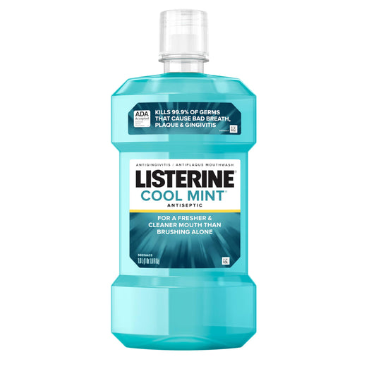 Listerine Cool Mint Antiseptic Mouthwash, Daily Oral Rinse Kills 99% of Germs That Cause Bad Breath, Plaque and Gingivitis for a Fresher, Cleaner Mouth, Cool Mint Flavor, 1.0 L