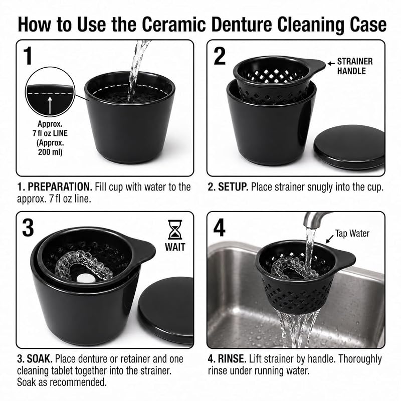 Ceramic Denture Cleaning Cup with Lid & Removable Basket - 3-Piece Stacking Soaking Container, Black