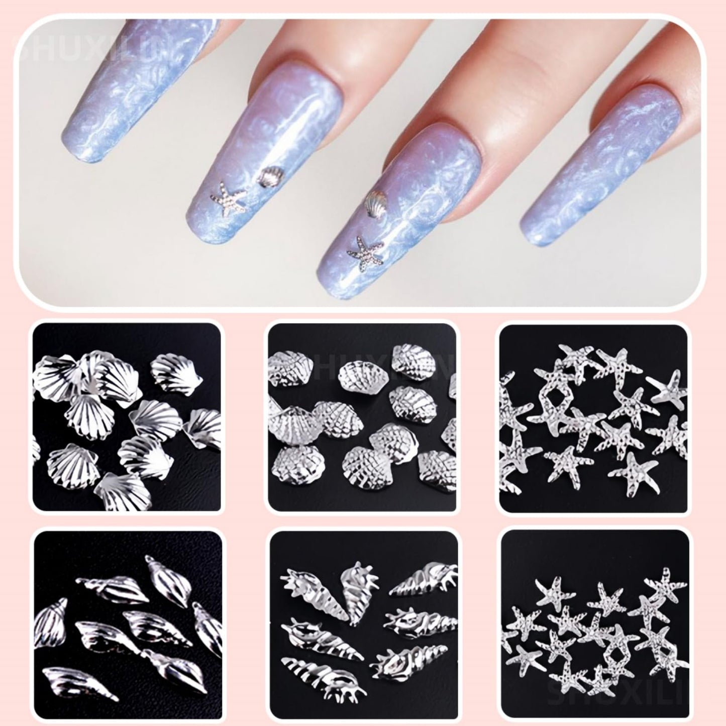 SHUXILIN 600Pcs 3D Metal Nail Charms Mixed Shapes Gold Shell Starfish Conch Alloy Nail Rivets Flat Back Gold Nail Rhinestones Metal Nail Gem Summer Beach Charm for Acrylic Nails for Women Nails Design