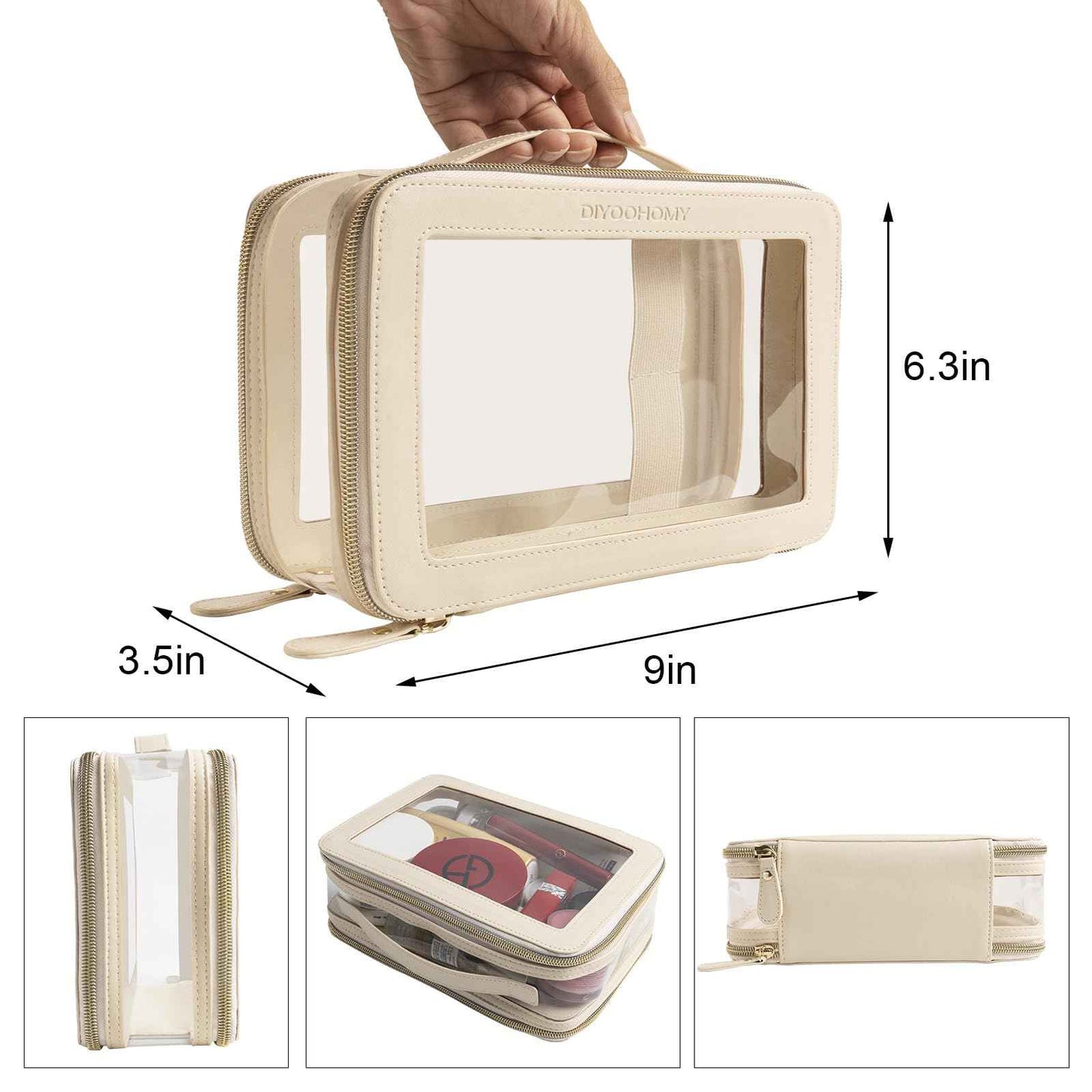 DIYOOHOMY Clear Makeup Bag Double Layer Two Sided With Zipper White Cosmetic Small Make Up Case Compartments Brush Travel Leather Toiletry Women Organizer Transparent Waterproof Pouch