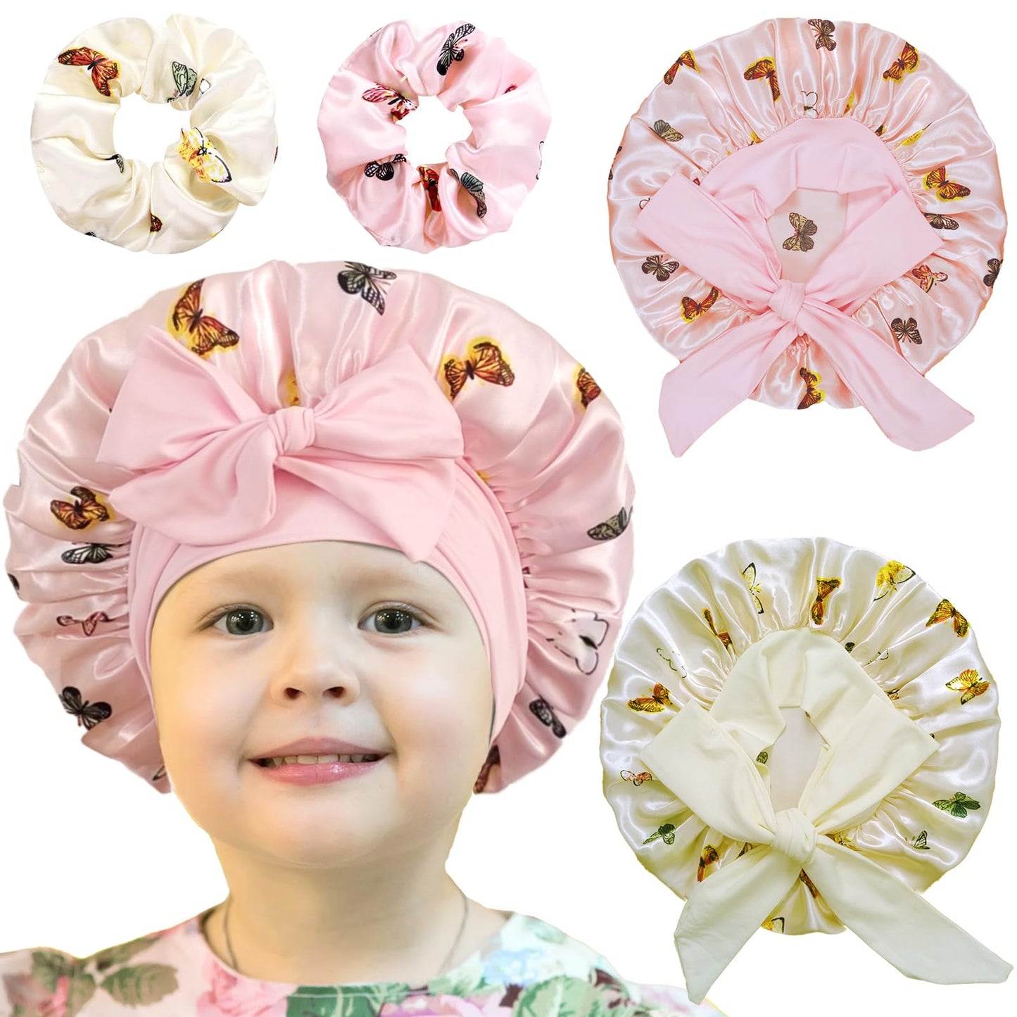 2 PCS Kids Satin Bonnets for Girls with Scrunchies,Hair Bonnet for Sleeping,Toddler Tie Silk Bonnets Curly Sleep Cap