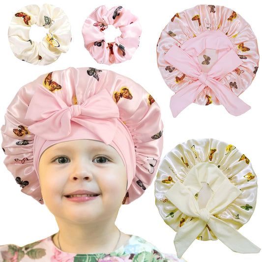 2 PCS Kids Satin Bonnets for Girls with Scrunchies,Hair Bonnet for Sleeping,Toddler Tie Silk Bonnets Curly Sleep Cap