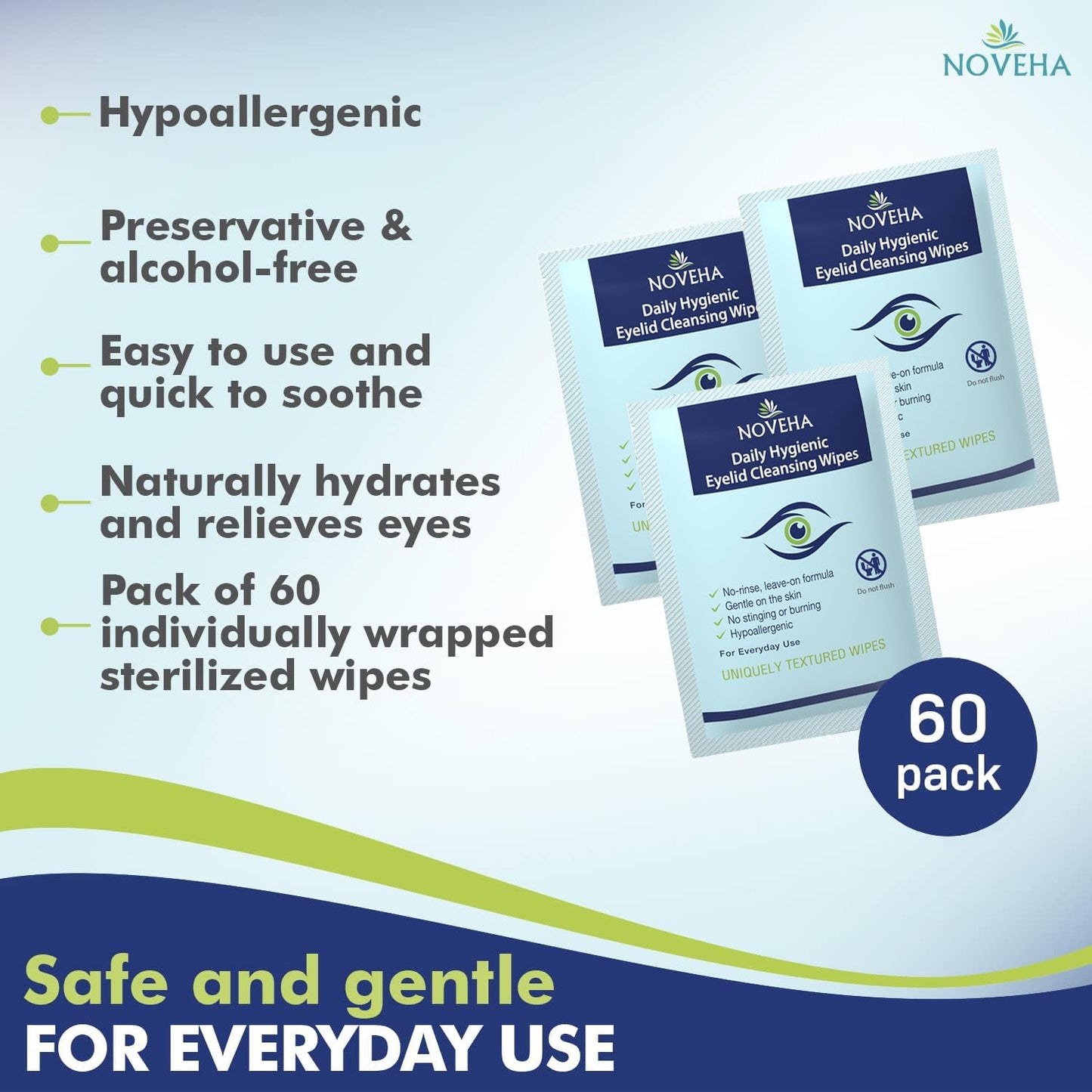 NOVEHA 120Pcs Daily Hygienic Eyelid & Lash Wipes | 120 Individually Wrapped Cleansing Eyelash Wipes - For Blepharitis & Itchy Eyes, Demodex and Natural Makeup Remover & Daily Cleanser (2 Pack)