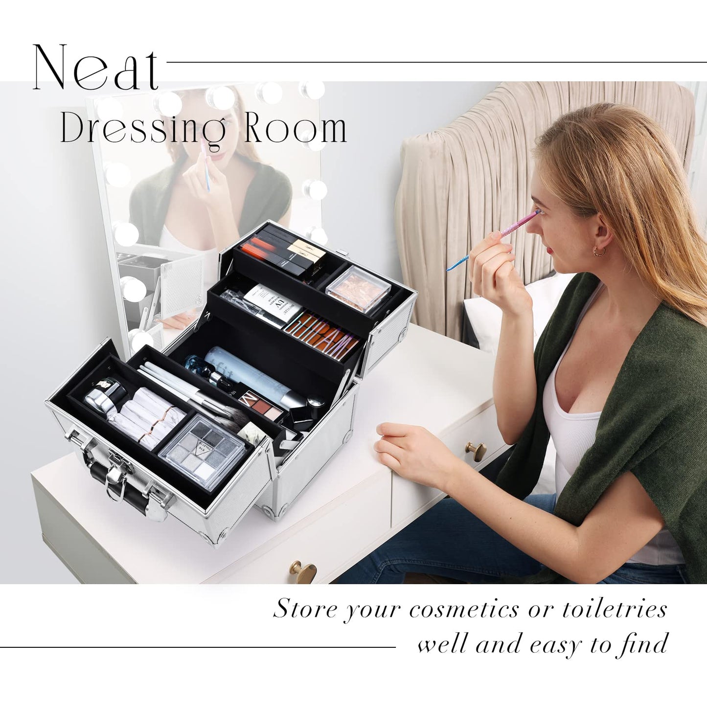 FRENESSA Makeup Train Case Makeup Organizer Box Portable Cosmetic Travel Case with Lock 4 Trays Aluminum Hard Vanity Box Make Up Artist Nail Beauty Storage Organizer Cosmetic Suitcase Bright Silver