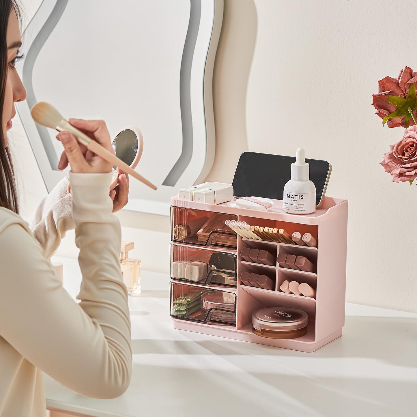 UFORU Makeup Organizer Countertop with 3 Drawers, Multi-Function Desktop Vanity Organizer for Skincare Makeup Brush Lipstick, Bathroom Counter Organizer, Pink