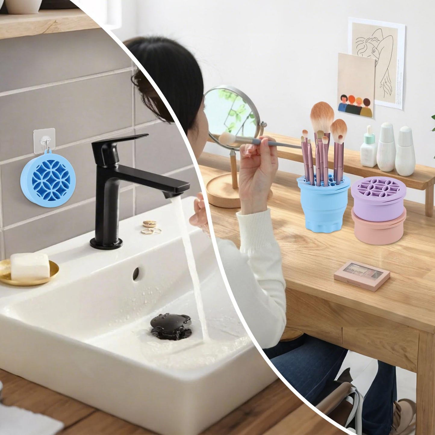 WantGor Makeup Brush Cleaner Mat with Brush Storage Holder, 3 in 1 Foldable Silicone Bowl Cosmetic Brushes Cleaning Pads Tool for Makeup Brush, Makeup Sponge, Powder Puff (Blue)