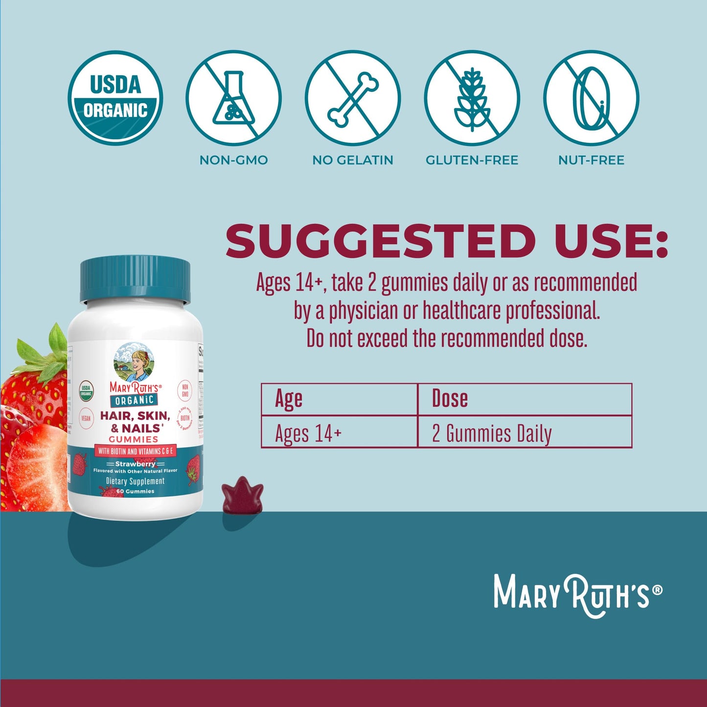 MaryRuth Organics Hair | Skin | and Nails Vitamins | Biotin Gummies with Vitamin C & Vitamin E | Hair Growth Vitamins | Skin Care | Nail Strength | USDA Organic Gummies for Ages 14+ | 60 Count