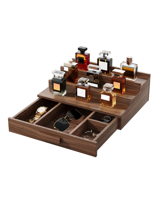 Gernshe Solid Ash Wood Cologne Organizer for Men,3 Tier Cologne Stand,Cologne Shelf Display Holder,Perfume Stand Organizer with Storage Drawer and Hidden Compartment,Great Gift for Men,Walnut