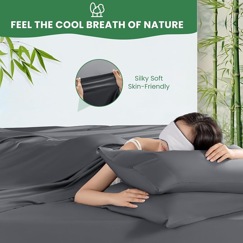 Dark Grey King 4Pcs 100% Viscose Bamboo Sheet Set Extra Deep Pocket
