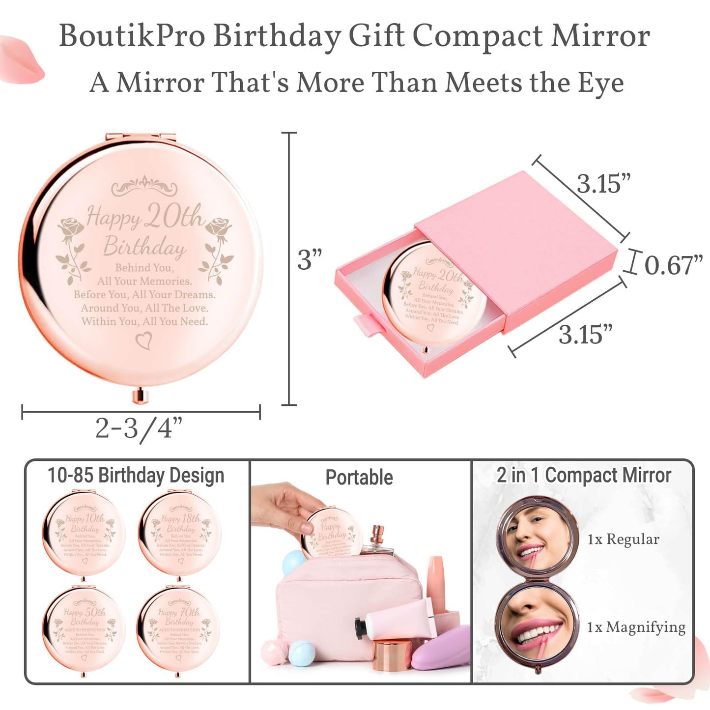 boutikpro Birthday Gifts for Women Makeup Mirror 10th-85th Birthday Gifts for Sister Mom BFF Daughter Grandma Granddaughter - Milestone Birthday Presents 2-in-1 Compact Mirror (20th Birthday)