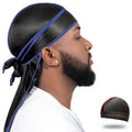 ForceWave Silky Durag for Men Wave Cap Satin Dorag for Men Women 360 Wave (Black with Blue Seam)