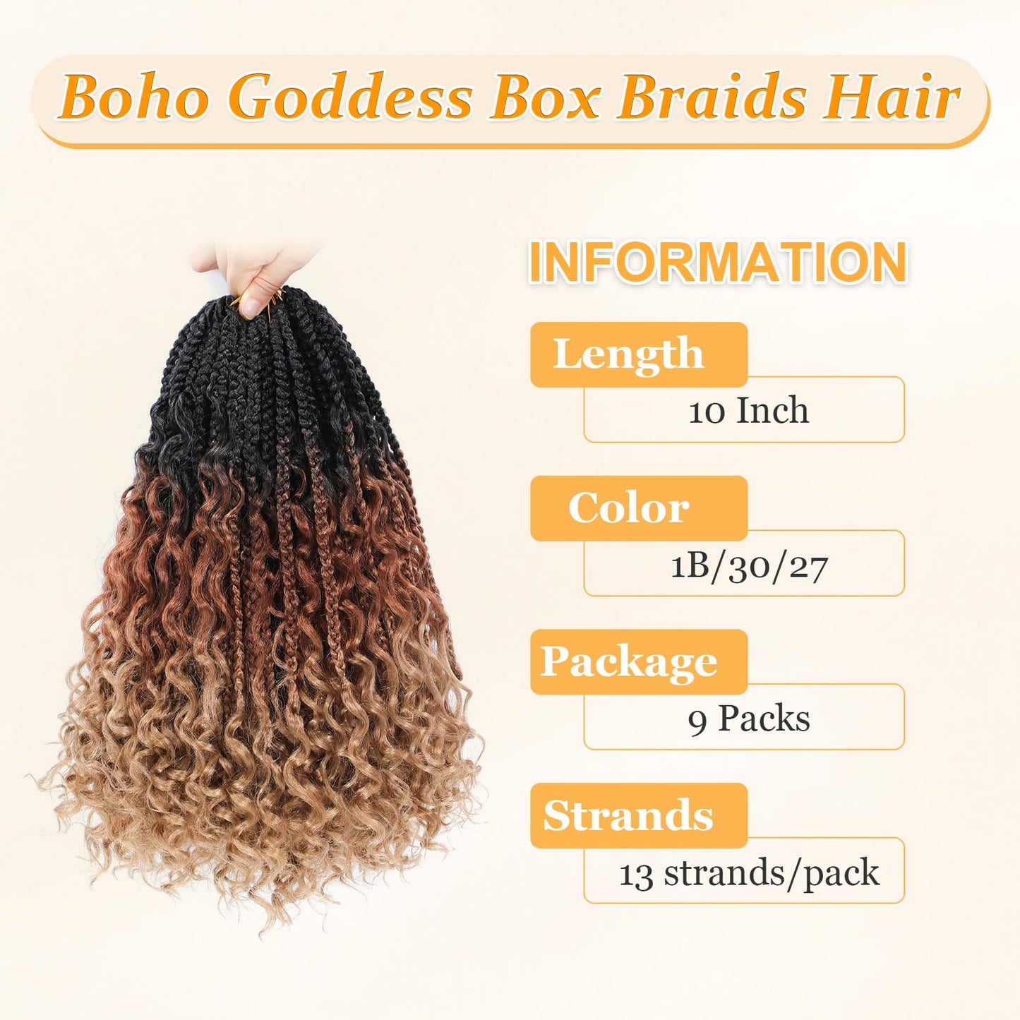 Yewell Goddess Box Braids Crochet Hair 10 Inch Boho Crochet Box Braids With Curly Ends,9 Packs Bohomian Box Braids Crochet Hair For Black Women Pre Looped Box Braids Crochet Hair (10Inch,1B/30/27)