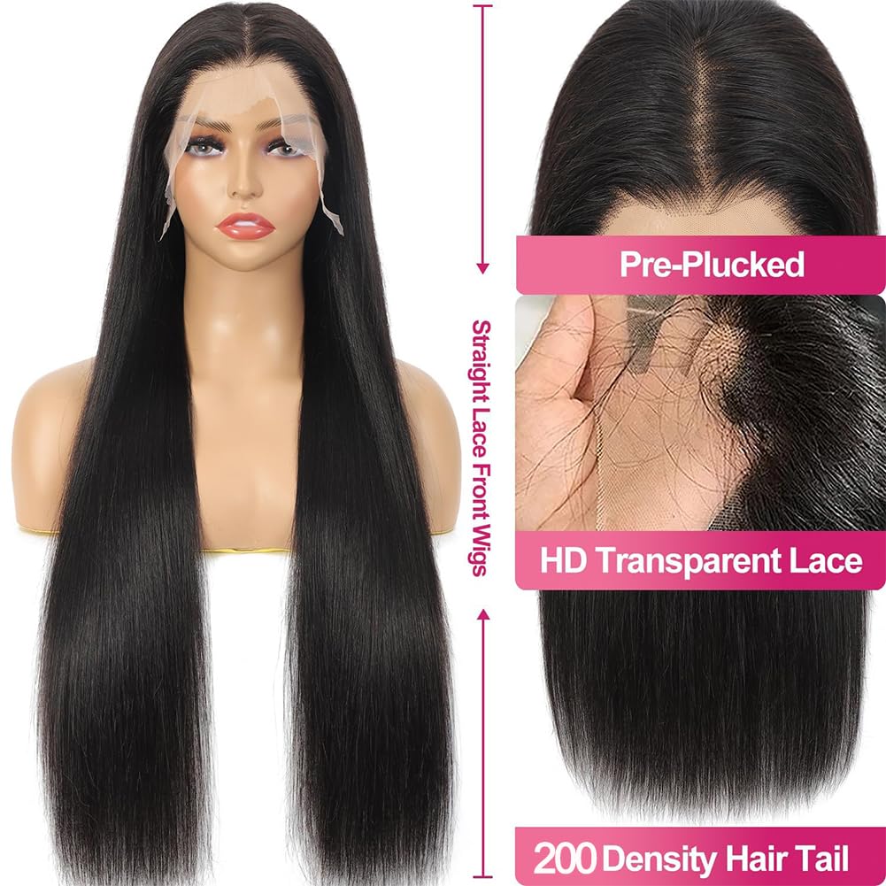 KORENGI 13x6 Lace Front Wigs Human Hair 200 Density Straight 13x6 HD Transparent Lace Frontal Glueless Wig Bralizian Human Hair Tiny Knots Natural Hairline with BabyHair (1B Black, 30 Inch)
