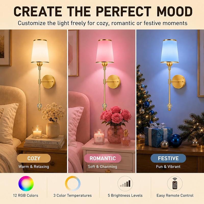 Gold Wall Sconces Set of Two - Battery Operated LED Wall Lighting (Variation: Gold)