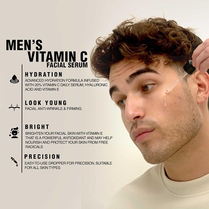 Vitamin C Face Serum for Men – 20% Vitamin C with Hyaluronic Acid & Vitamin E, Day & Night, 1oz