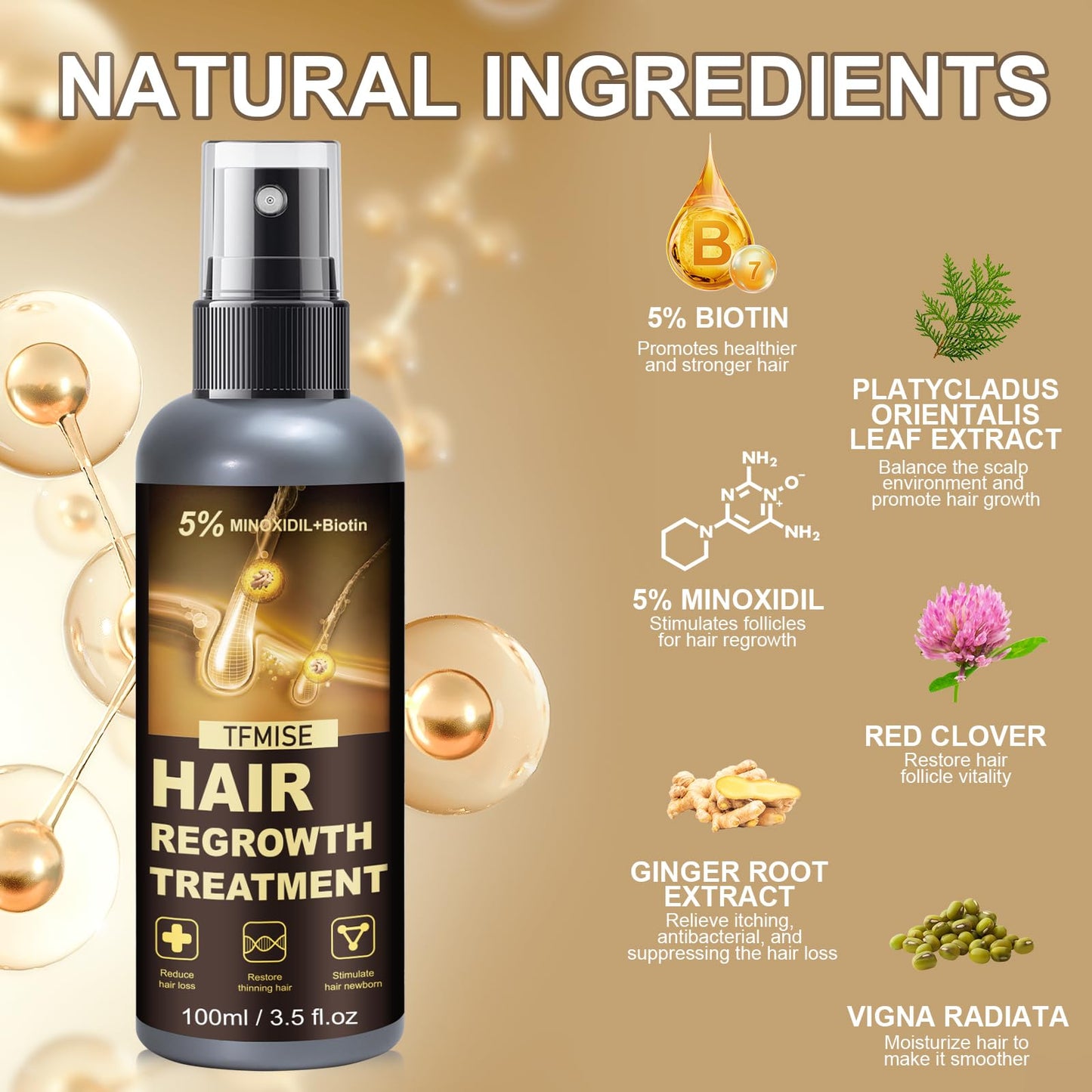 Minoxidil Spray - 5% Minoxidil for Men, Minoxidil for Women Hair Growth Products, Extra Strength Hair Regrowth Devices with Biotin, Help to Stop Loss Hair Unscented Light and non Greasy 3.38 Fl.OZ