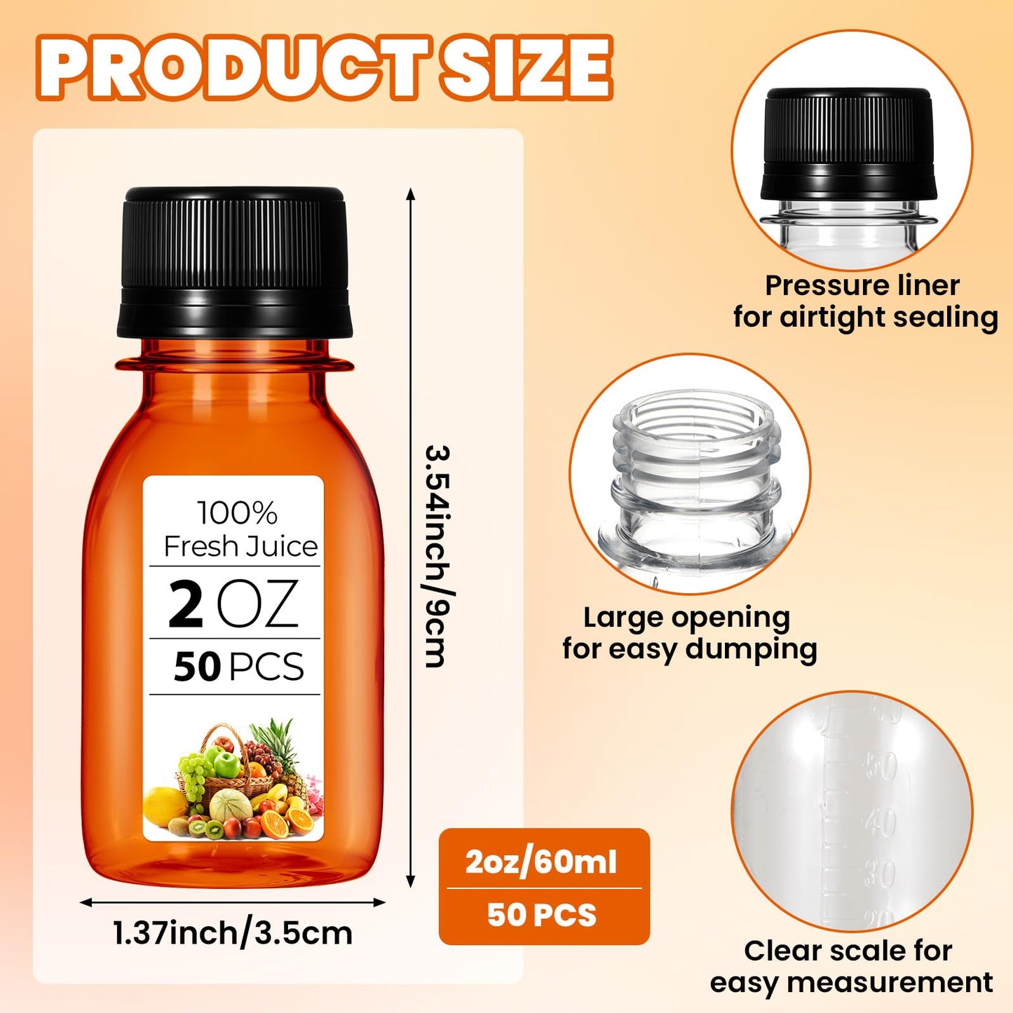 HOFURME 50 Pcs 2oz Plastic Bottles for Liquids, Mini Plastic Bottles with Lids juice bottles with caps with Scale and 4 Pcs Funnels for Juice Ginger Sauce Bulk Portable Travel