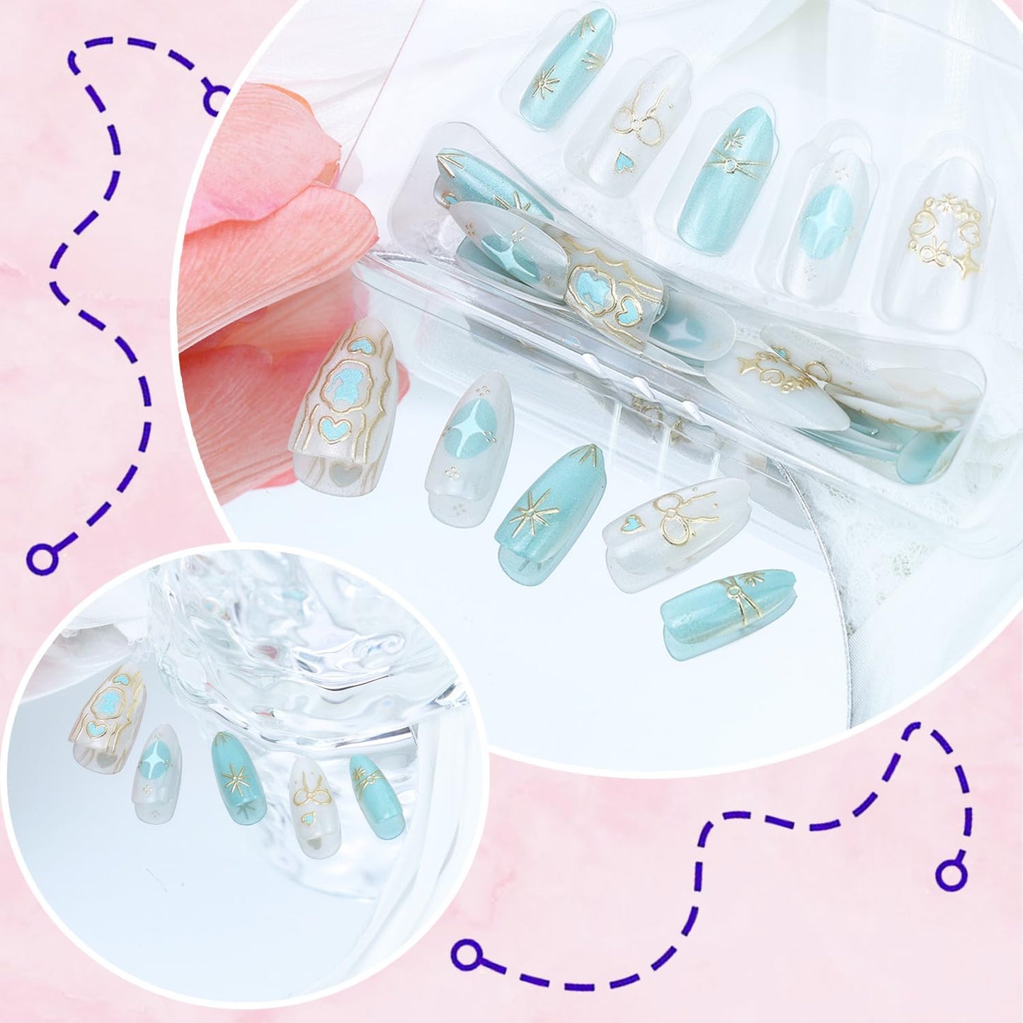 30pcs Blue Press on Nails Short Almond Fake Nails with 3D Gold Bow Heart Star Acrylic Nails Designs Blue Cute Cat False Nails Glue on Nails Glitter Full Cover Stick on Nails for Women Nail Decoration