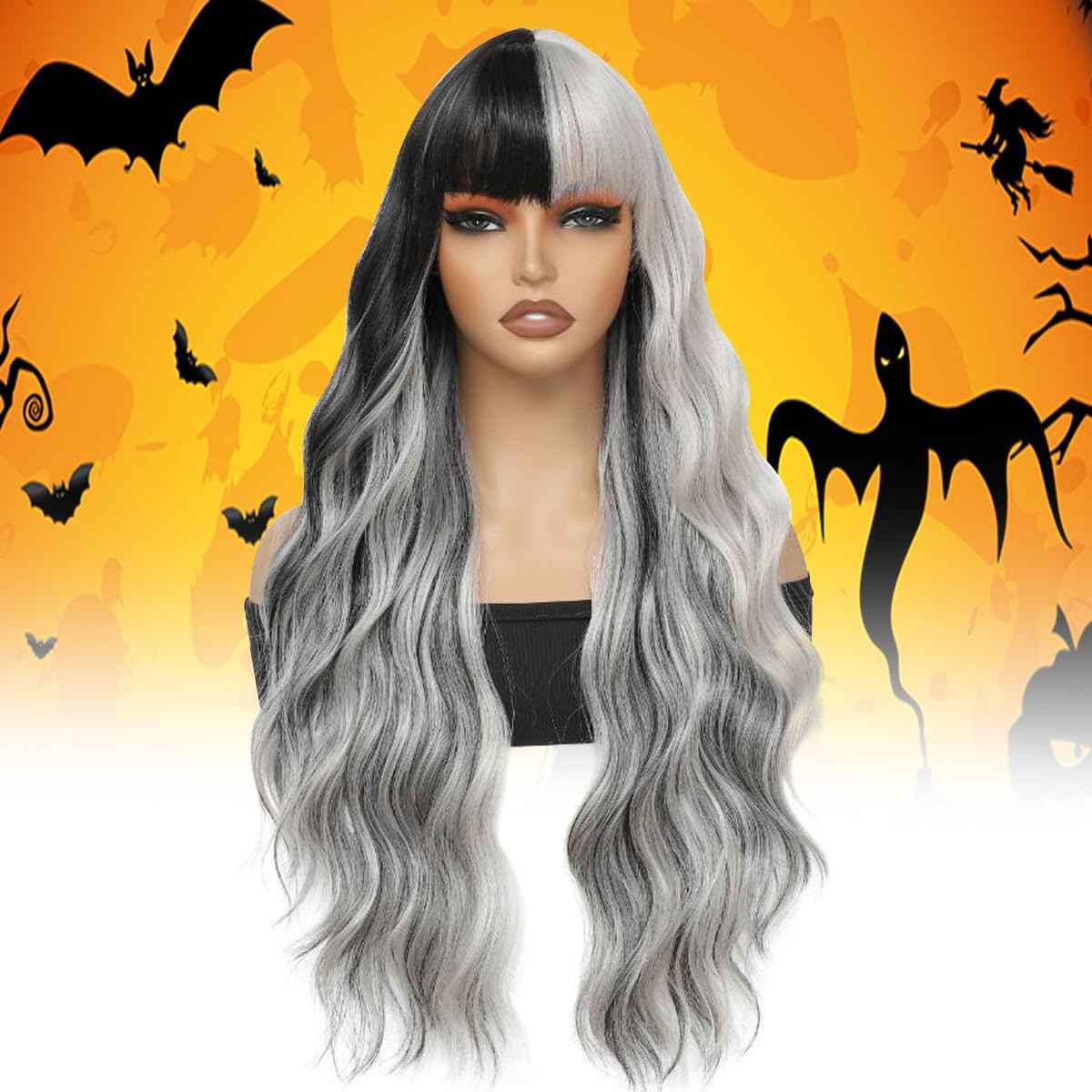 meiliprotea Long Wavy Silver Grey and Black Wig with Bangs Black Grey Split Dye Wigs for Women 26 Inches Glueless Synthetic Bangs Wig for Daily Christmas Party Cosplay Halloween Use (Black and Grey)