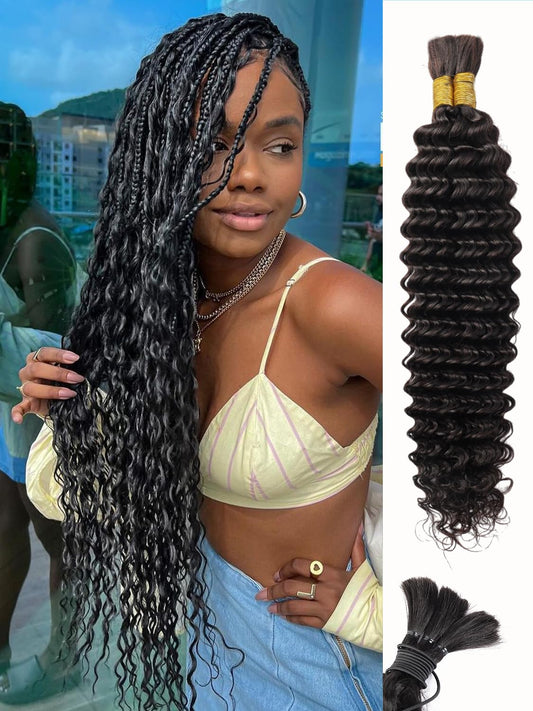 Human Braiding Hair Boho Braids Human Hair 100g 16 Inch Deep Water Wave Bulk Hair for Braiding No Weft 2 Bundle 12A Brazilian Virgin Curly Hair Extensions Wet and Wavy Human Hair Braiding Hair